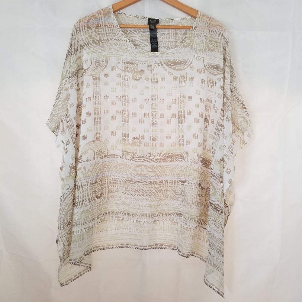 Chicos Georgette Poncho White Brown Multi L/XL